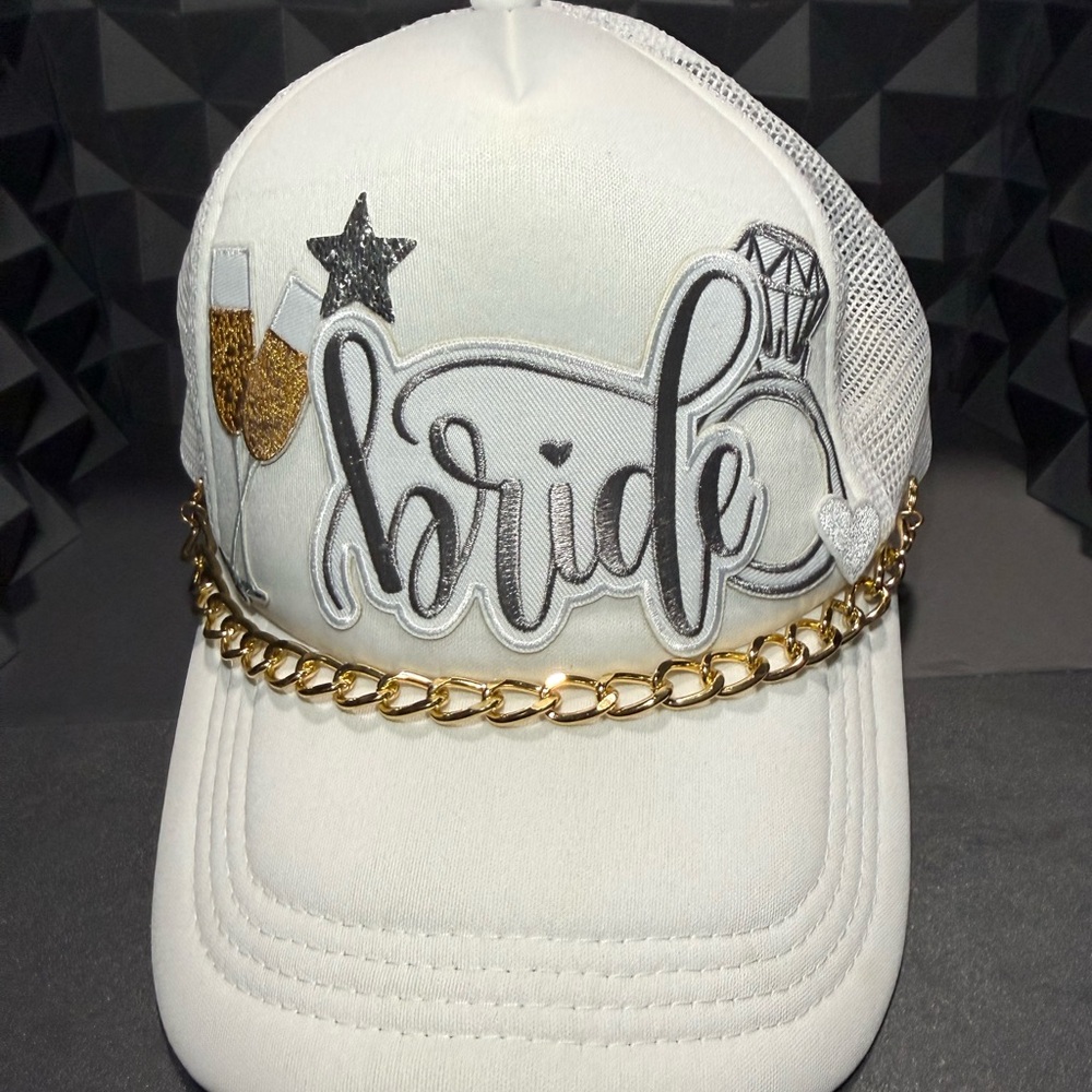 Bride Patch Hat White Trucker Cap w/ Gold Chain & Fun Embellished Patches